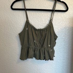 Hunter green tank top with embroidered flowers